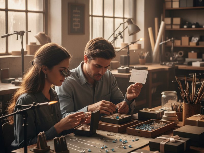 Команда ювелиров создает элегантные наборы с бриллиантами для подарка маме.